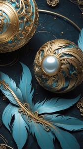 تصویر پر فیروزه‌ای و گوی طلایی تزئینی با مروارید برای چاپ