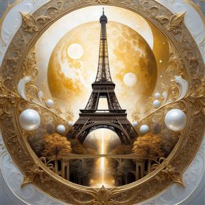 تصویر برج ایفل فانتزی با ماه کامل در قاب دایره‌ای سفید و طلایی برای پرده