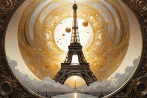 تصویر برج ایفل فانتزی در قاب گرد طلایی با حباب‌های زرد برای چاپ روی بوم