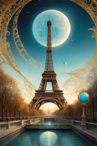 عکس برج ایفل فانتزی با ماه کامل در آسمان روشن برای پوستر چاپی اتاق نشیمن