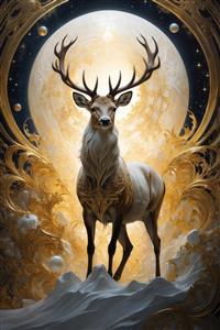 طرح گوزن فانتزی سفید با یال بلند و شاخ طلایی در شب برفی