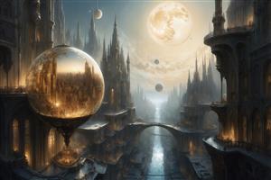 عکس شهر فانتزی در کره شیشه‌ای با آسمان غروب برای چاپ پرده