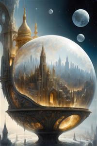 عکس شهر فانتزی محبوس در حباب شیشه‌ای در آسمان آبی و سفید