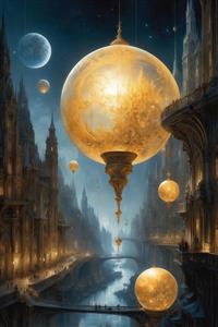 طرح فانوس‌های طلایی کروی در خیابان شهر فانتزی برای چاپ پرده