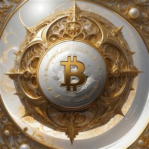 طرح دکوراتیو لوگو بیت‌کوین طلایی با قاب باروک سفید برای چاپ عریض