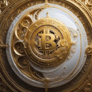 عکس بیت‌کوین طلایی با پس‌زمینه سفید دایره‌ای در قاب طلایی باروک