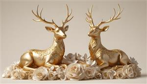 تصویر دو گوزن طلایی نشسته با تزئینات گُل رز برای تابلو دکوراتیو