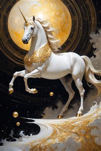 تصویر اسب تک‌شاخ سفید و طلایی برای اتاق کودک