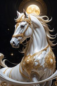تصویر اسب سفید مجهز به یراق‌آلات طلایی دکوراتیو لوکس