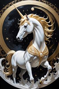 طرح دکوراتیو تک‌شاخ سفید در قاب طلایی برای پوستر اتاق