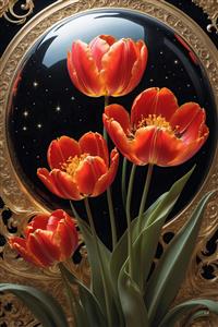 طرح لاله سرخ در قاب بیضی طلایی با پس‌زمینه ستاره