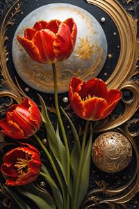 تصویر گل لاله سرخ و کره نقره‌ای برای پوستر لوکس