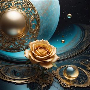 عکس گل رز طلایی در فضای کهکشانی برای پوستر