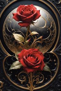 تصویر دو گل رز قرمز و ساقه‌های طلایی قرینه