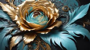 تصویر گل رز طلایی و فیروزه‌ای با نقوش اسلیمی برای تابلو