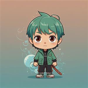 تصویر پسر فانتزی با موی سبز و استایل انیمه‌ای