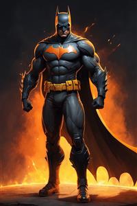 تصویر کامل بتمن فانتزی ایستاده در میان شعله‌های آتش