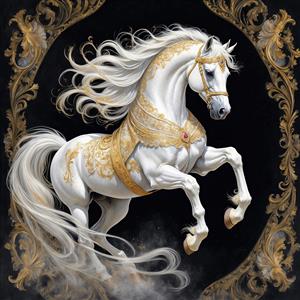 عکس اسب سفید در حال دویدن با زین مجلل طلا