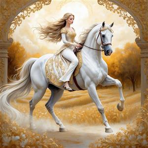 نقاشی دیجیتال پرنسس سوار بر اسب سفید در دشت