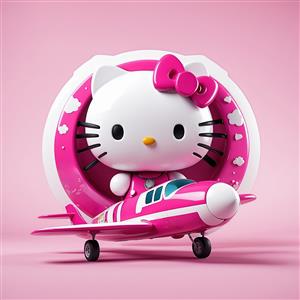 طرح سه بعدی کیتی خلبان درون هواپیمای فانتزی صورتی