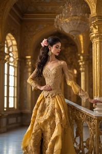 تصویر زن با پیراهن کلاسیک طلایی در عمارت مجلل