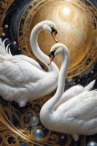 عکس دو قوی سفید در آغوش هم با نورپردازی طلایی فانتزی