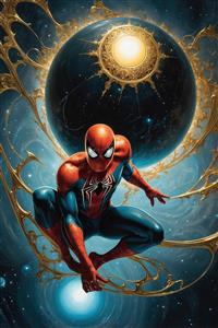 عکس اسپایدرمن قرمز و آبی با پس‌زمینه خورشید سیاه