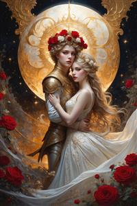 تصویر پادشاه زره‌پوش و ملکه فانتزی با رزهای سرخ