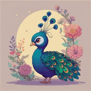 تصویر طاووس فانتزی در میان گل‌های صورتی و خورشید