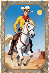 تصویر لوک خوش شانس سوار بر اسب سفید در دشت‌های غربی