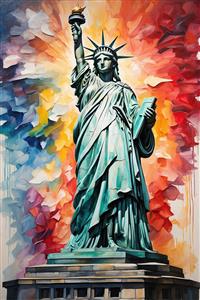 عکس مجسمه آزادی فانتزی با پس‌زمینه انتزاعی رنگی