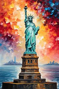 تصویر مجسمه آزادی فانتزی در میان ابرهای رنگی نقاشی