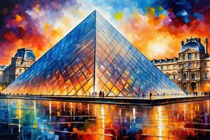 تصویر هرم لوور در غروب آفتاب با رنگ‌های گرم