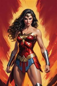 تصویر کاراکتر واندر وومن با شمشیر و زره فلزی