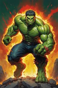 تصویر نیم‌تنه هالک عصبانی با جزئیات بالا و پس‌زمینه آتش