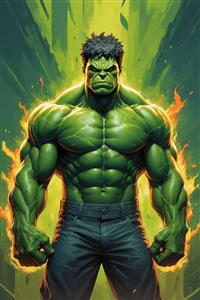 تصویر هالک قهرمان سبز با هاله آتشین و عضلانی