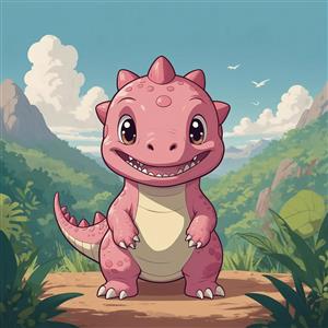 تصویر دایناسور صورتی خندان فانتزی با جزئیات بالا