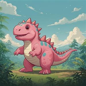 تصویر دایناسور صورتی در جنگل برای چاپ روی محصولات دکوراتیو