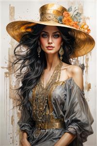 تصویر باکیفیت هنری زن با کلاه لبه‌دار و گل‌های نارنجی ویژه چاپ روی بوم، تابلوهای دکوراتیو و پرده‌های تصویری اتاق نشیمن