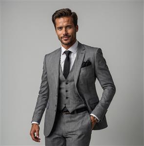 عکس تمام قد مرد شیک‌پوش با جلیقه و کت شلوار رسمی برای طراحی پوسترهای تبلیغاتی پوشاک مردانه و دکور آرایشگاه مردانه