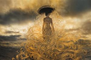 منظره سورئال فیگور زن در میان غبار طلایی و ابرهای طوفانی مناسب برای کاغذ دیواری سه بعدی پذیرایی و لابی هتل‌های مدرن