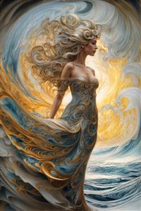 تصویر رویایی از تلفیق موج و موهای طلایی بانوی دریا برای پوستر دیواری عمودی، روتختی و پرده‌های دکوراتیو