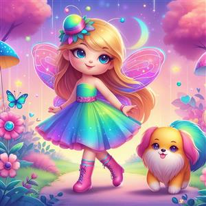 پوستر دیواری دنیای خیالی فرشته کوچولو و سگ فانتزی برای دکوراسیون مهدکودک و اتاق بازی