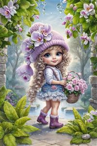 تصویر باکیفیت ارکیده و رز صورتی با حضور دختربچه سبد به دست مناسب پوستر دیواری اتاق مستر و سالن های پذیرایی