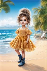 تصویر ساحل دریا و نخل با دختربچه ای با پیراهن زرد ایده آل برای پوستر دیواری خانه های ساحلی، ویلا و تالار پذیرایی