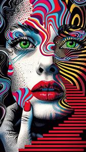 پوستر دیواری چهره زن با المان‌های رنگی و خطوط هندسی قرمز و مشکی مناسب برای دکوراسیون مدرن و کافی‌شاپ