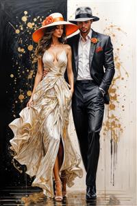 پوستر دیواری مدرن طرح انتزاعی زوج خوش‌پوش با تم نارنجی و مشکی برای دیزاین اتاق خواب جوان و فضاهای هنری