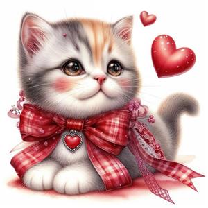 گربه فانتزی با پاپیون چهارخانه قرمز و قلب‌های معلق برای ولنتاین