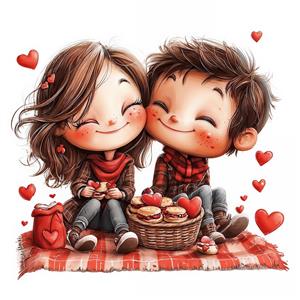 تصویرسازی ولنتاین پیک‌نیک عاشقانه دو نوجوان در میان قلب‌های قرمز ایده آل برای تابلوهای دکوراتیو و چاپ روی کوسن و رومیزی