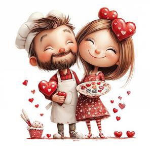 تصویر ولنتاین سرآشپز عاشق و همسرش با شیرینی‌های قلبی مناسب دکوراسیون آشپزخانه و قنادی